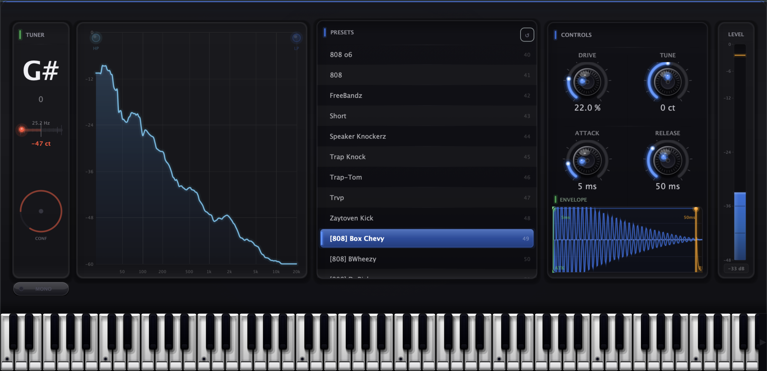808 Plugin — Tuner, Presets, Controls, and Keyboard